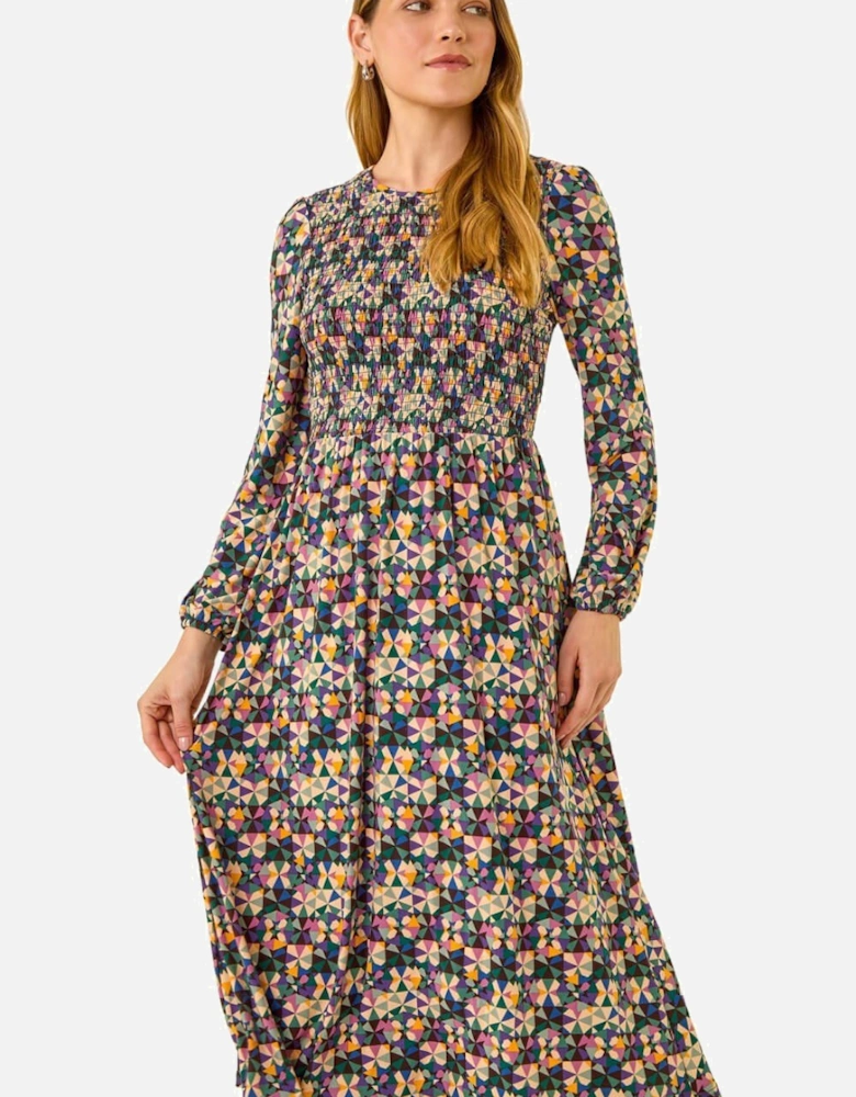 Geometric Print Shirred Midi Dress