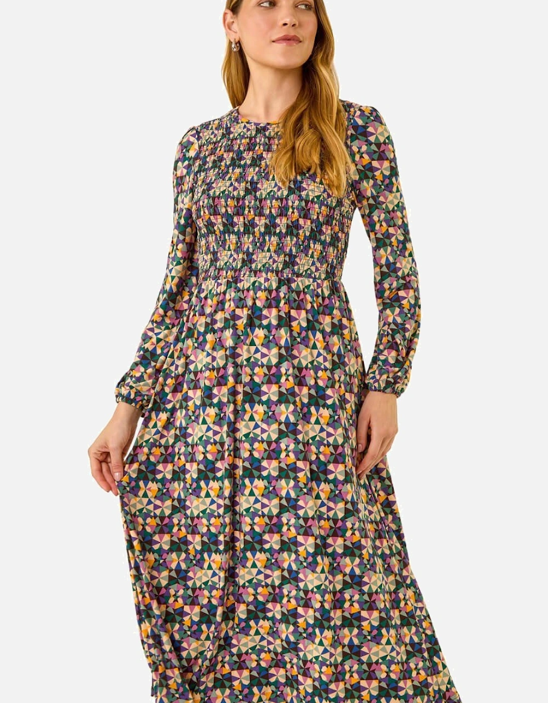 Geometric Print Shirred Midi Dress, 2 of 1