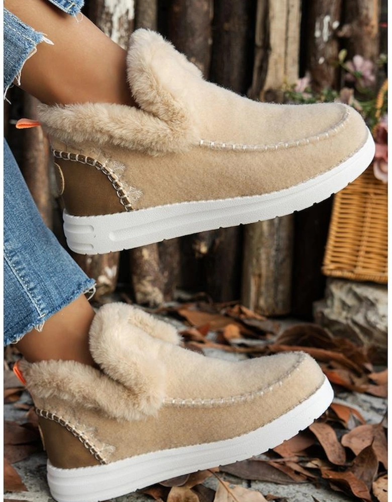 Beige Suede Stitching Patchwork Plush Lined Anklet Boots