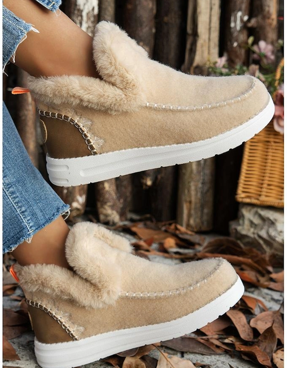 Beige Suede Stitching Patchwork Plush Lined Anklet Boots, 5 of 4