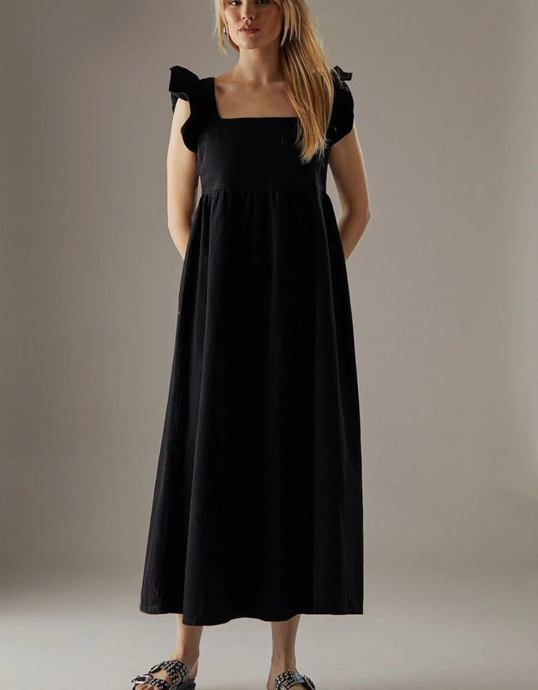 Denim Square Neck Frill Smock Midi Dress
