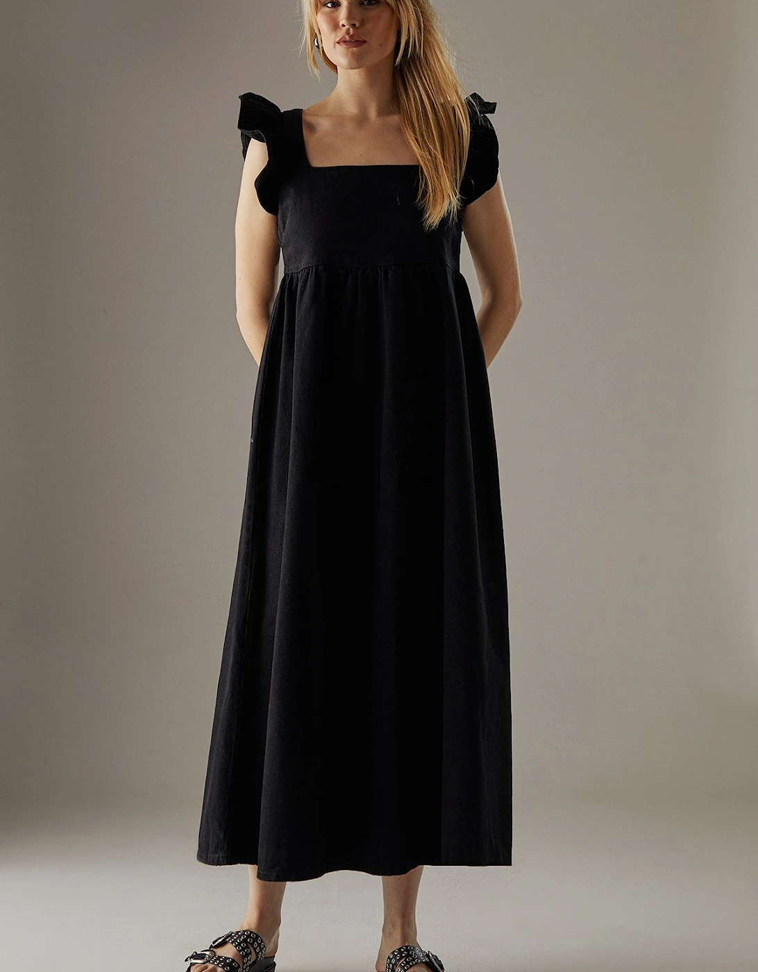 Denim Square Neck Frill Smock Midi Dress, 2 of 1