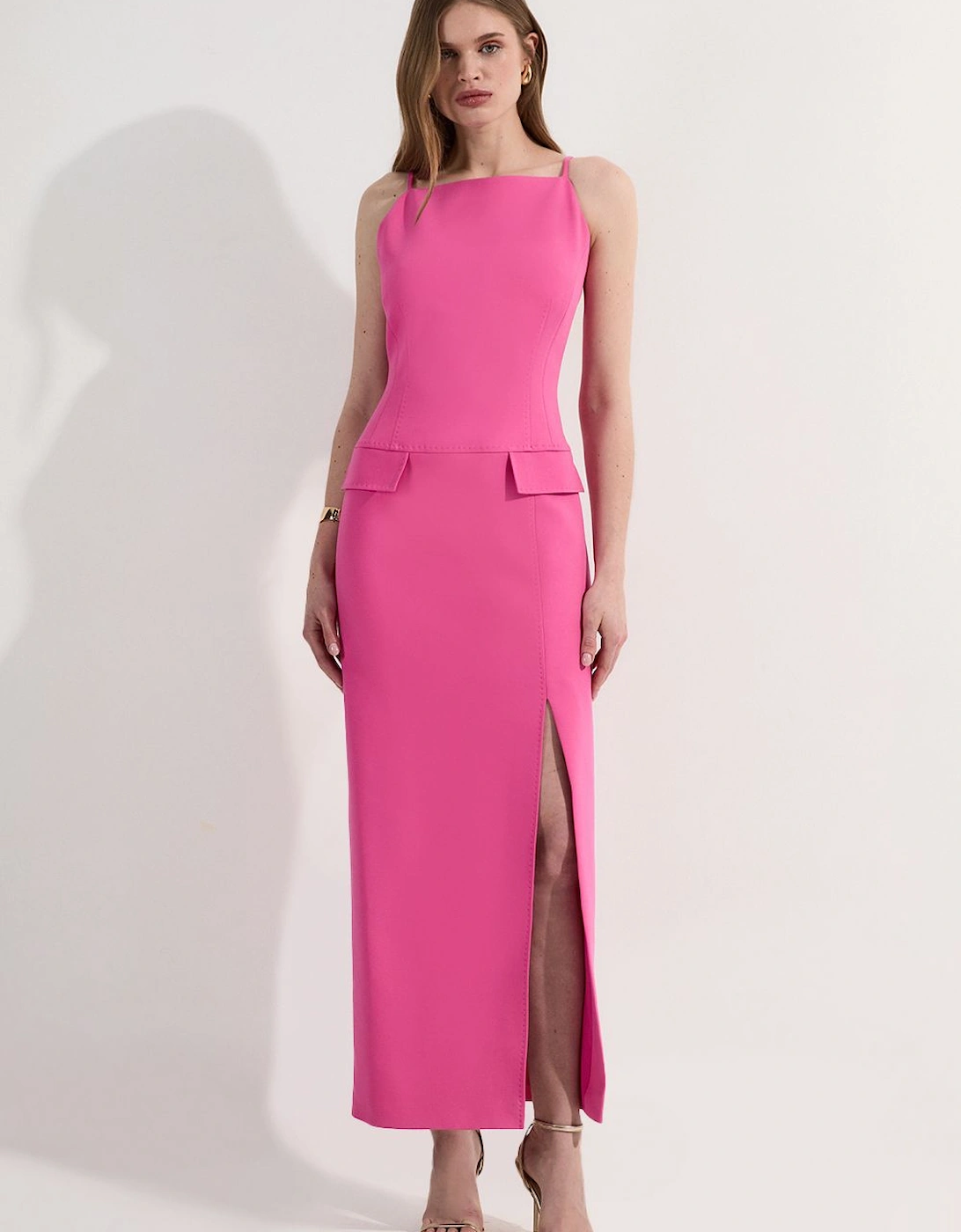 Compact Stretch Stab Stitch Square Neck Tailored Pencil Maxi Dress, 2 of 1