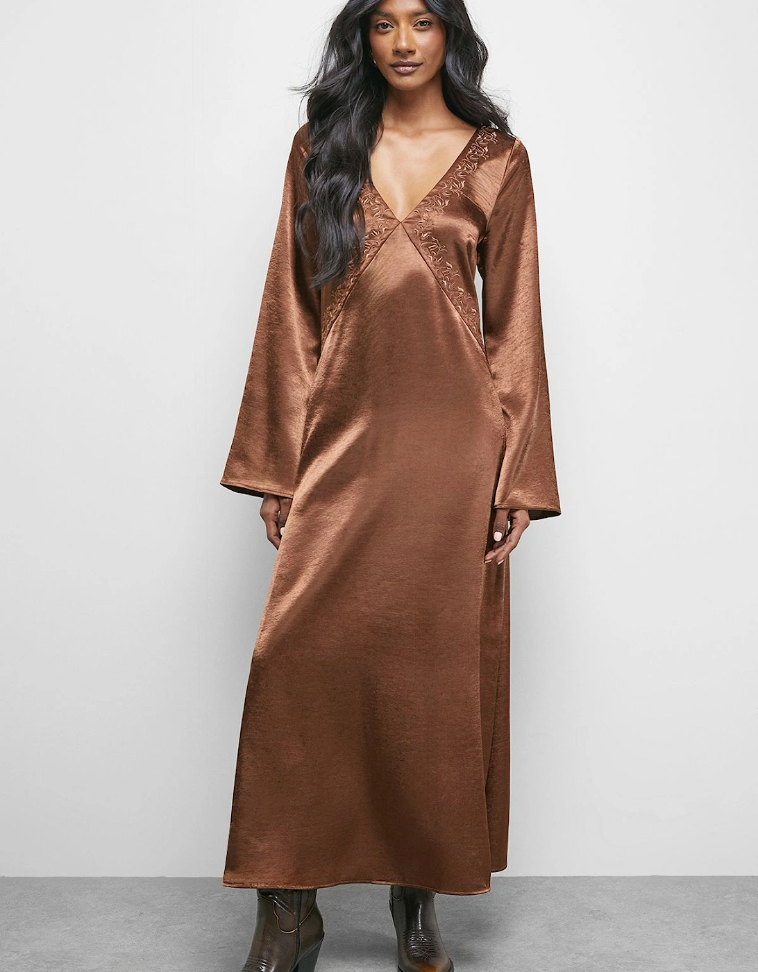 Embroidered Satin Plunge Neck Flare Sleeve Midi Dress, 2 of 1
