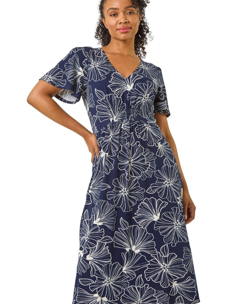 Petite Floral Stretch Shirred Midi Dress