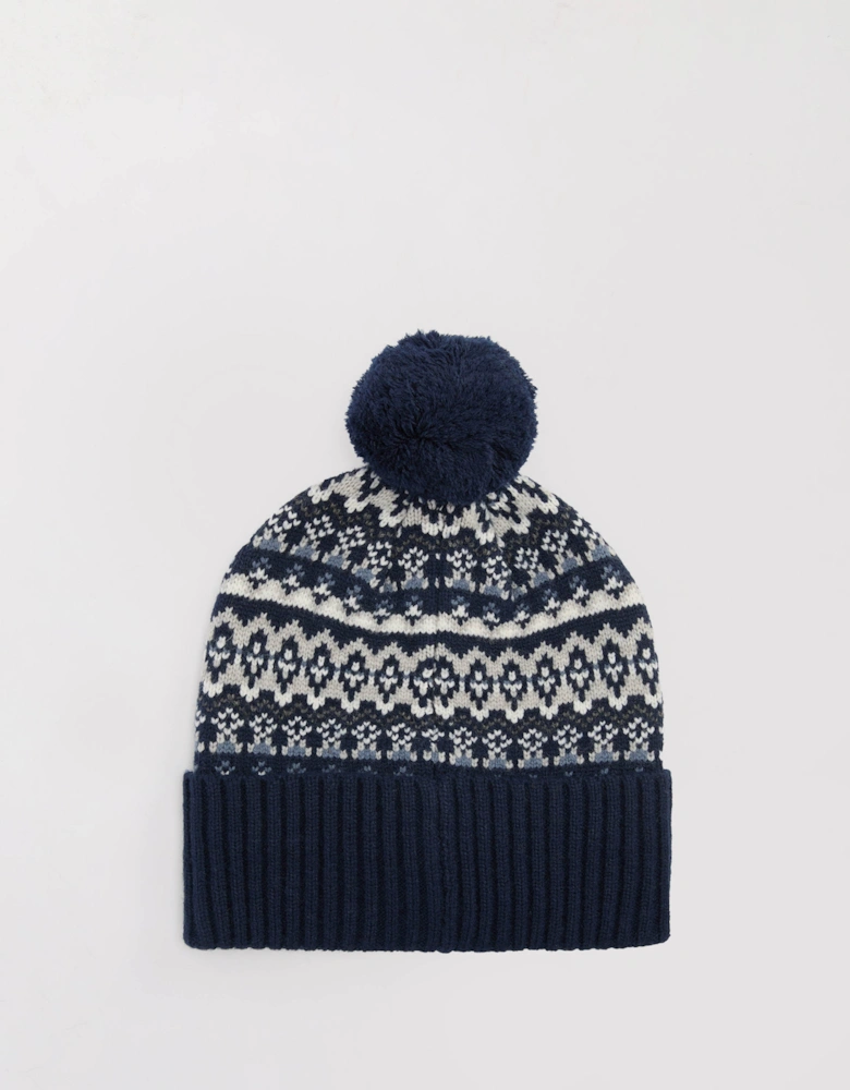 Marlow Mens Fair Isle Pom Beanie Hat Navy