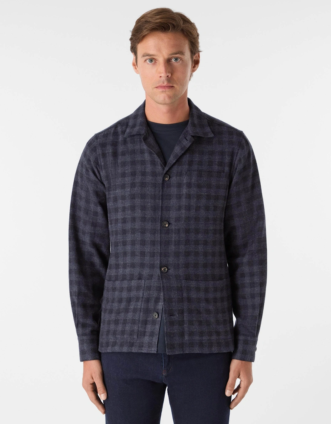 Tramore Mens Brushed Cotton Overshirt - Navy Check, 4 of 3