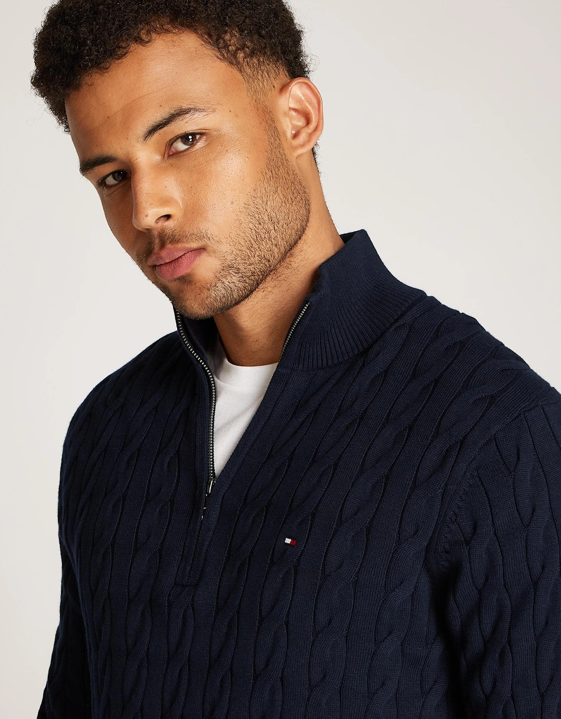 Classic Cotton Cable Mens Half Zip Mock Sweatshirt - Desert Sky
