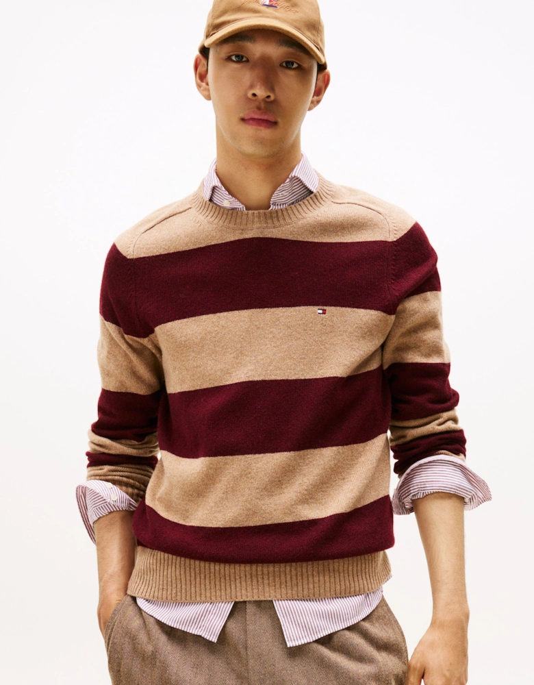 Lambswool Mens Crew Neck Jumper - Safari Canvas Heather/Deep Burgundy Heather