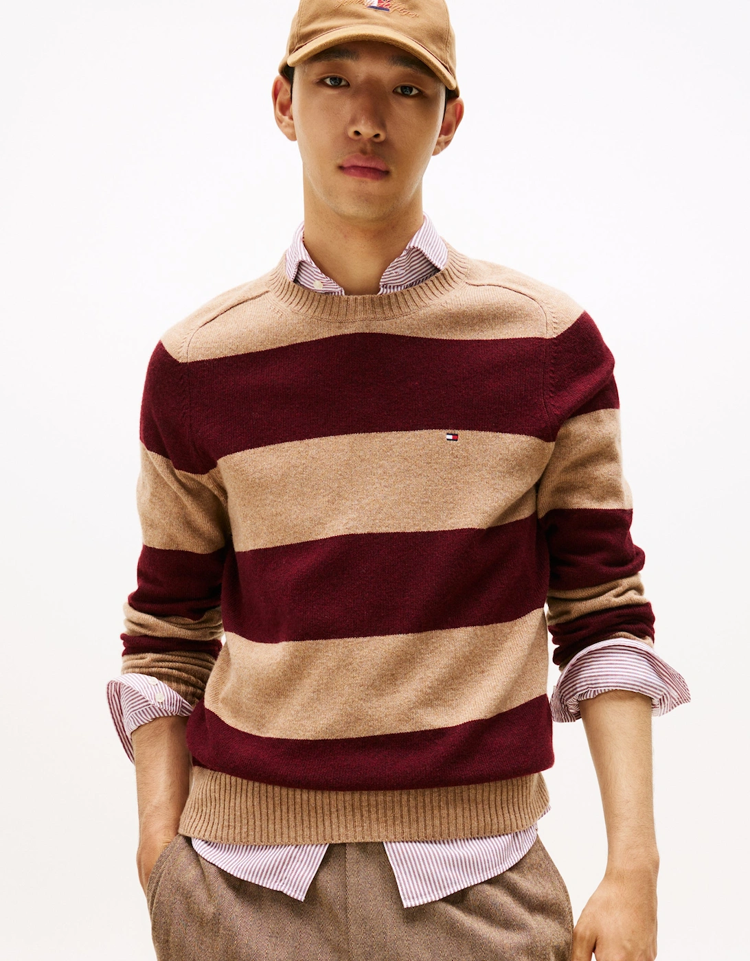 Lambswool Mens Crew Neck Jumper - Safari Canvas Heather/Deep Burgundy Heather, 6 of 5