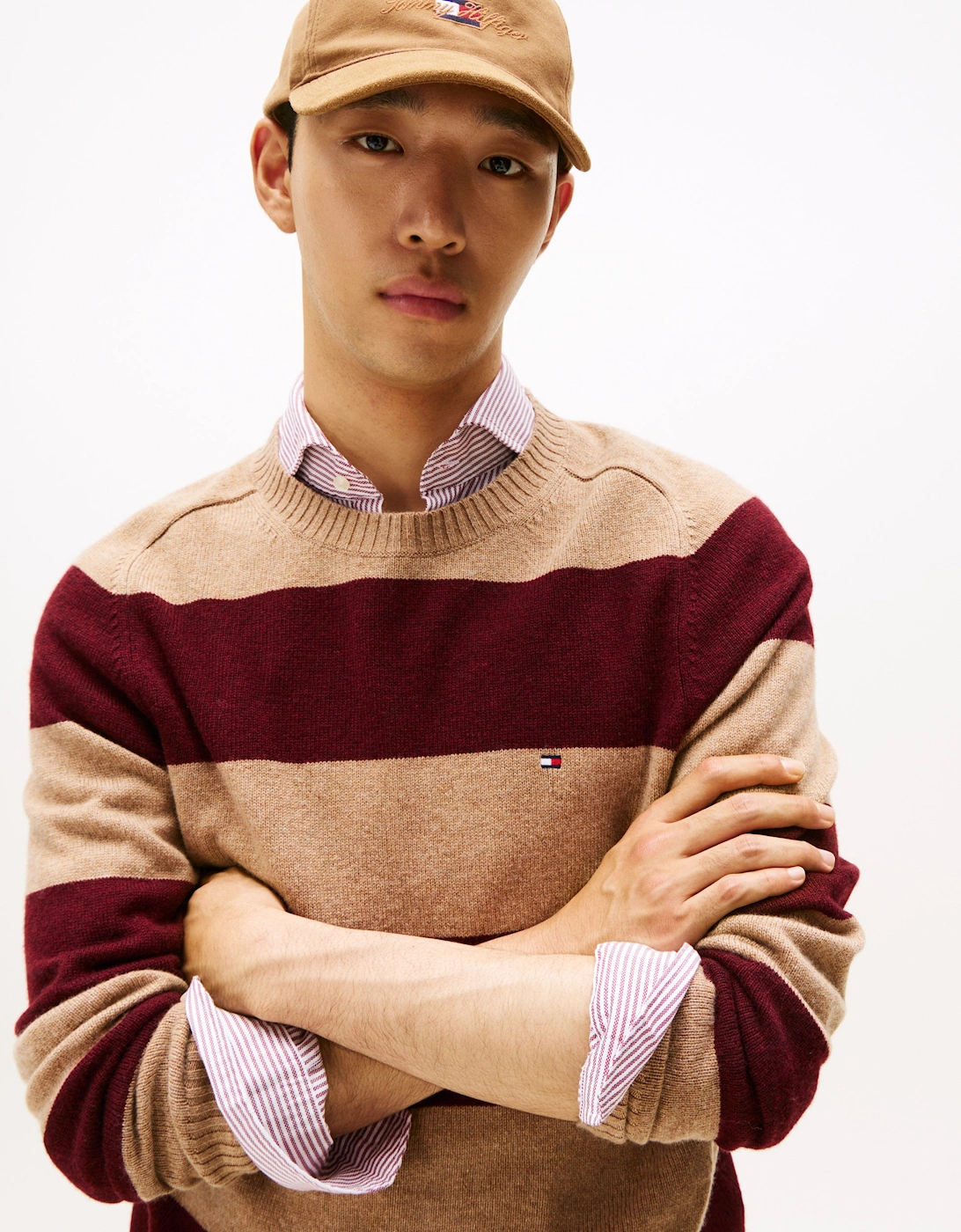 Lambswool Mens Crew Neck Jumper - Safari Canvas Heather/Deep Burgundy Heather