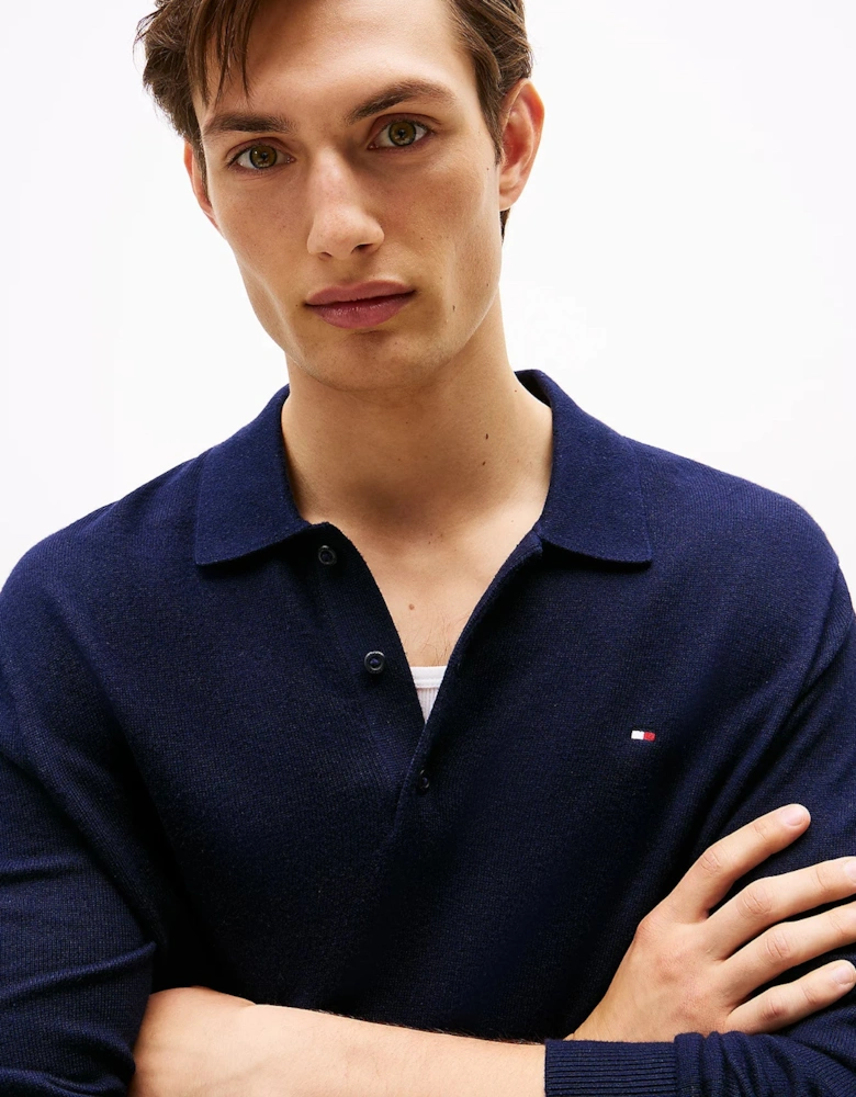 Pima Organic Cotton Cashmere Mens Long Sleeve Polo - Desert Sky