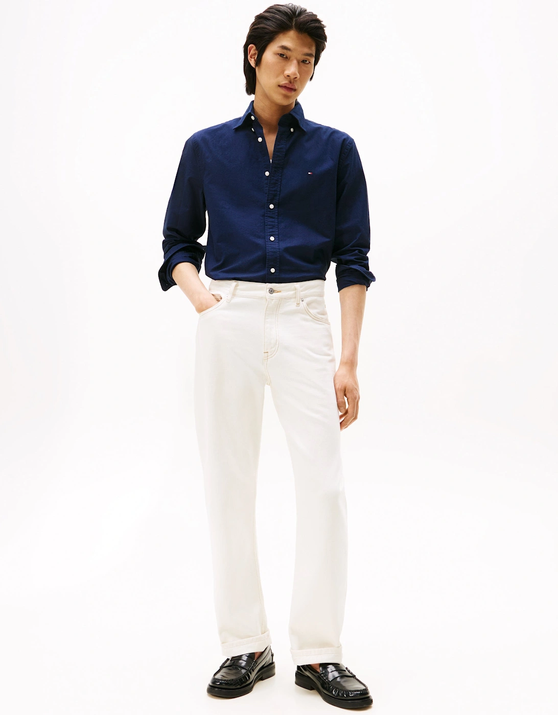 Solid Heritage Mens Long Sleeve Oxford Shirt - Preppy Navy/Desert Sky Solid