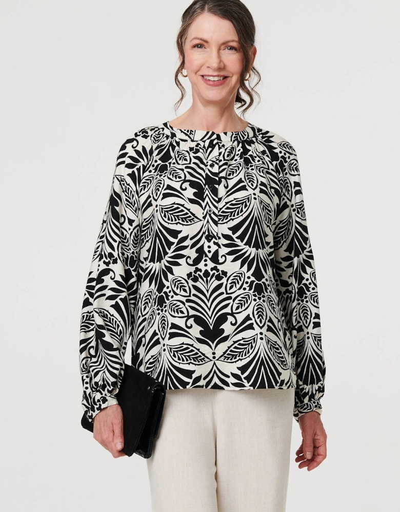 Printed Long Sleeve Button Front Blouse