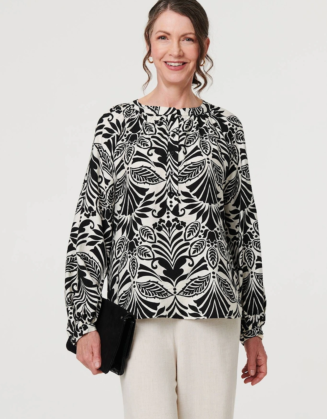 Printed Long Sleeve Button Front Blouse, 2 of 1