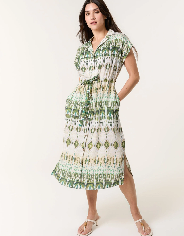 Khaki Printed Drawstring Shirt Dress