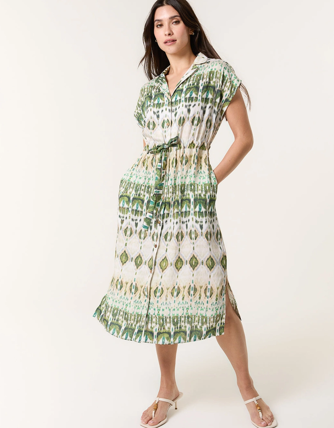 Khaki Printed Drawstring Shirt Dress, 2 of 1