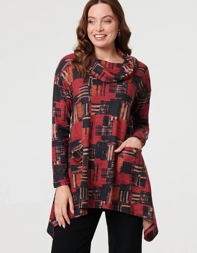 Printed Long Sleeve Cowl Neck Tunic Top