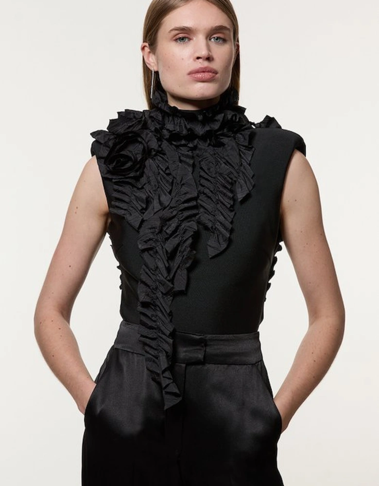Figure Form Bandage Knit Woven Rosette Detail Top
