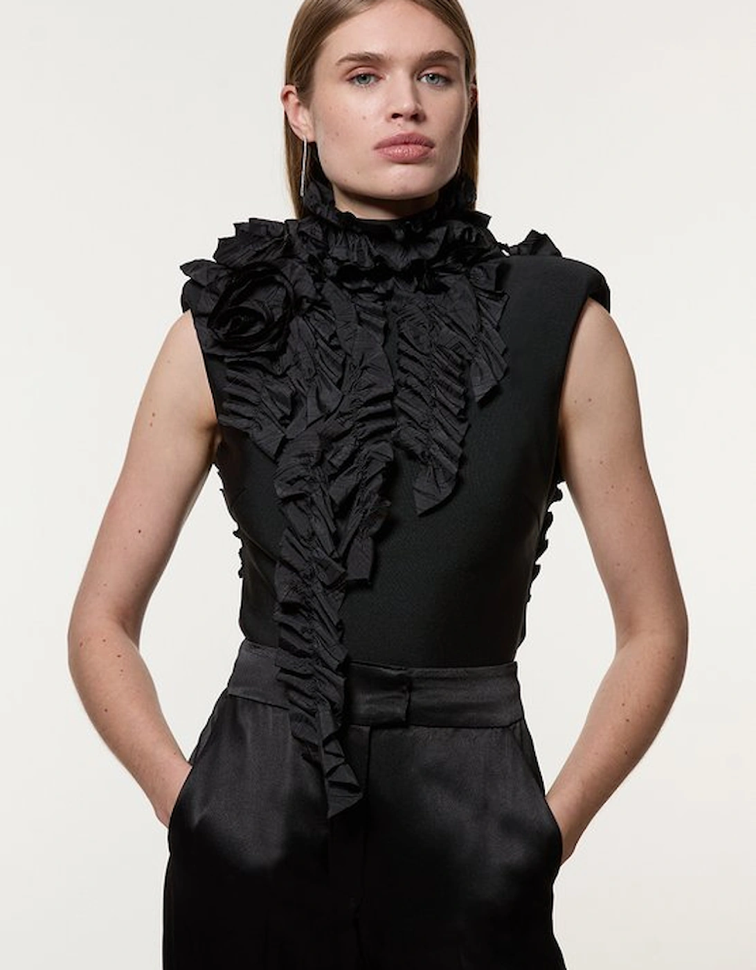 Figure Form Bandage Knit Woven Rosette Detail Top