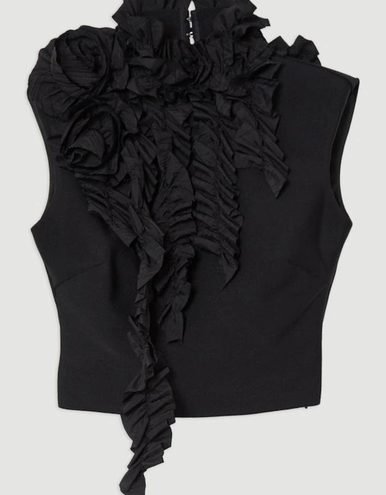 Figure Form Bandage Knit Woven Rosette Detail Top
