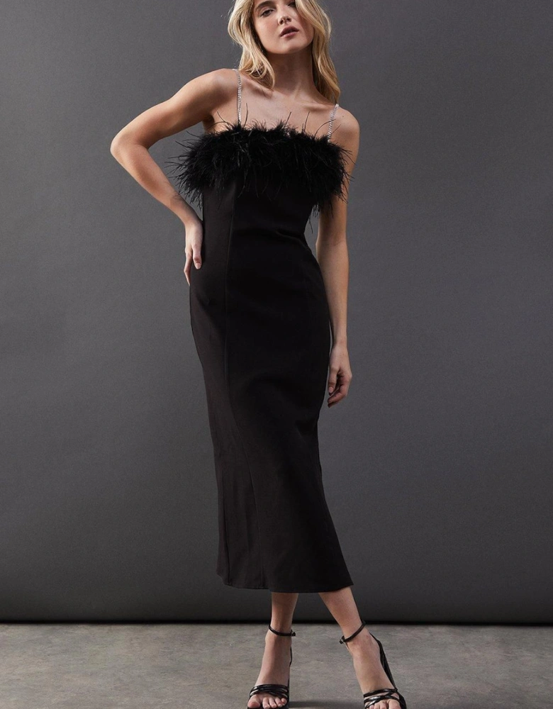 Feather Detail Diamante Strap Bandeau Midi Dress