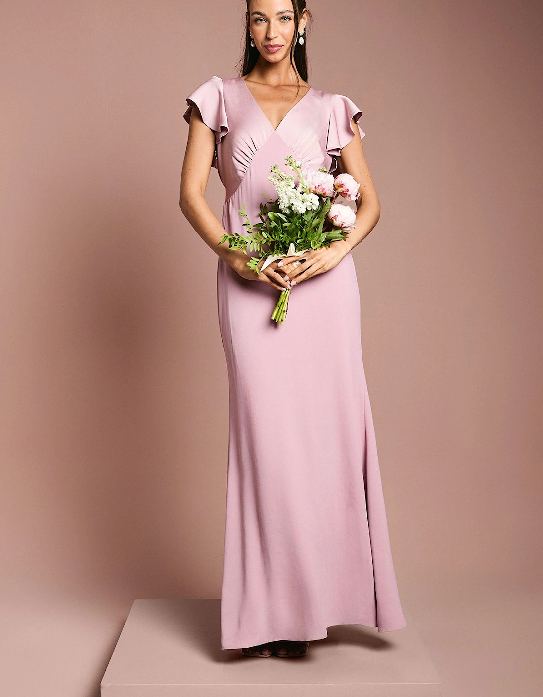 Honoured V Neck Angel Short Sleeve Satin Maxi Bridesmaid Dress, 2 of 1