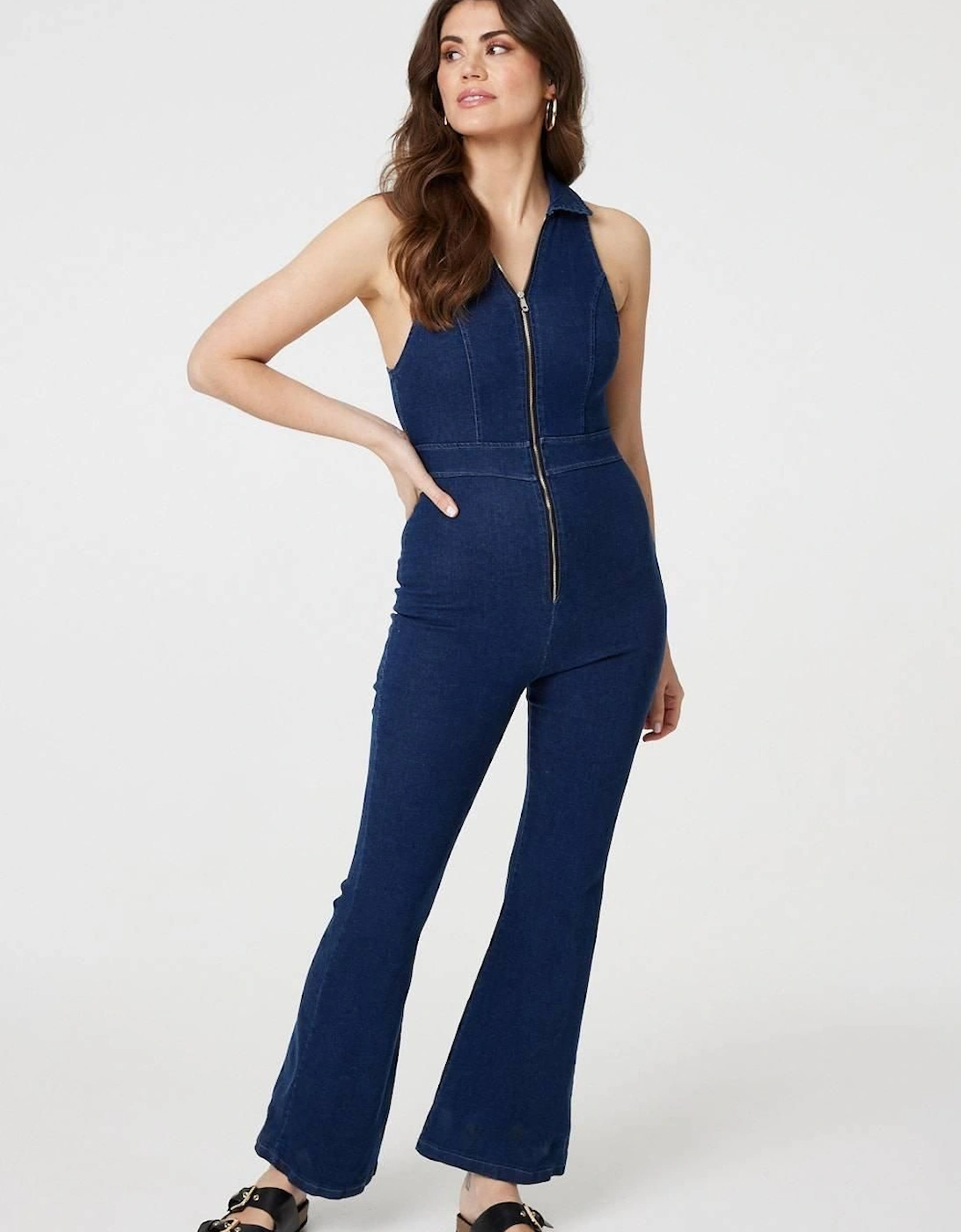 Denim Zip Front Flared Jumpsuit, 2 of 1