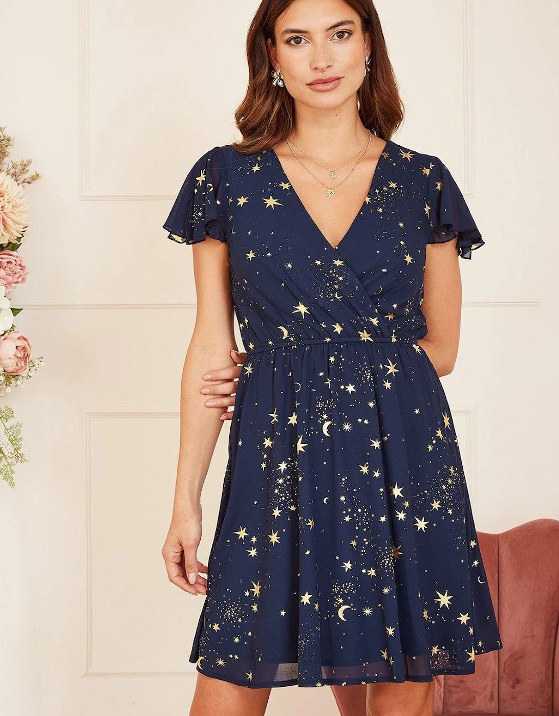 Navy Foil Star Print Wrap Skater Dress, 2 of 1