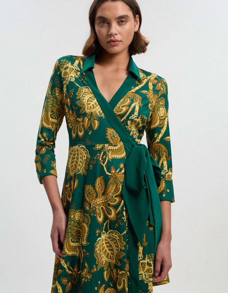 Paisley Print Crepe Tie Waist Midi Dress