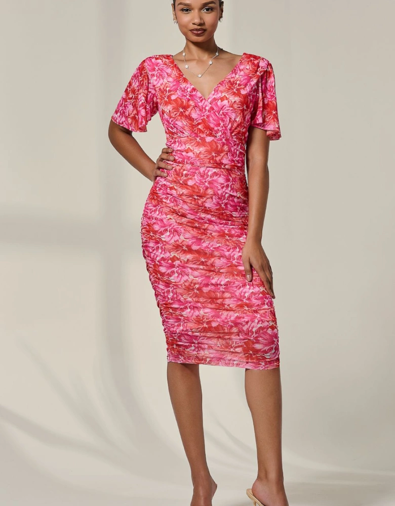 Angel Sleeved Floral Mesh Bodycon Dress