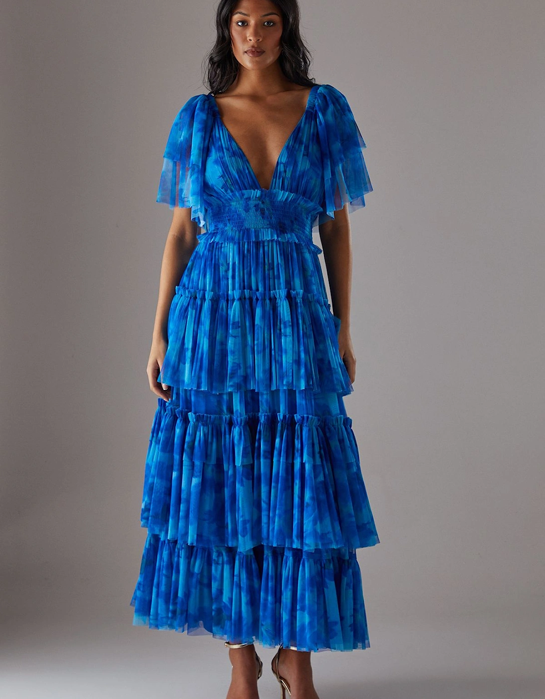 Tulle Floral Plunge Neck Flutter Sleeve Tier Maxi Dress, 2 of 1