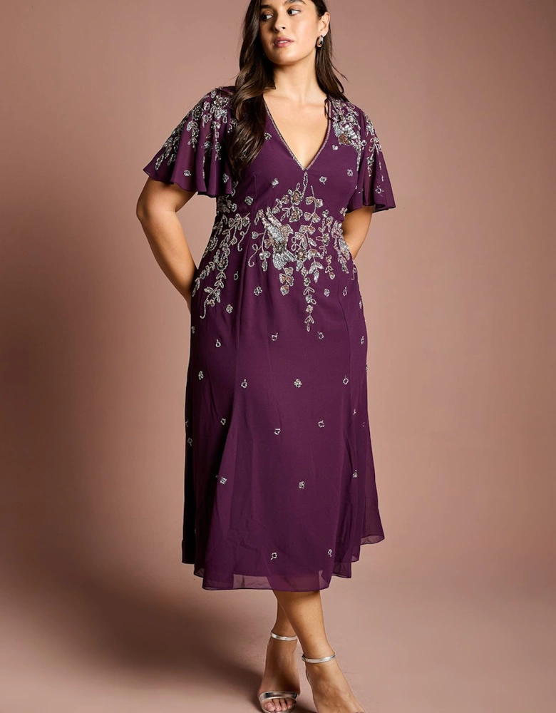 Plus Floral Embellished Flutter Sleeve Midi Dress