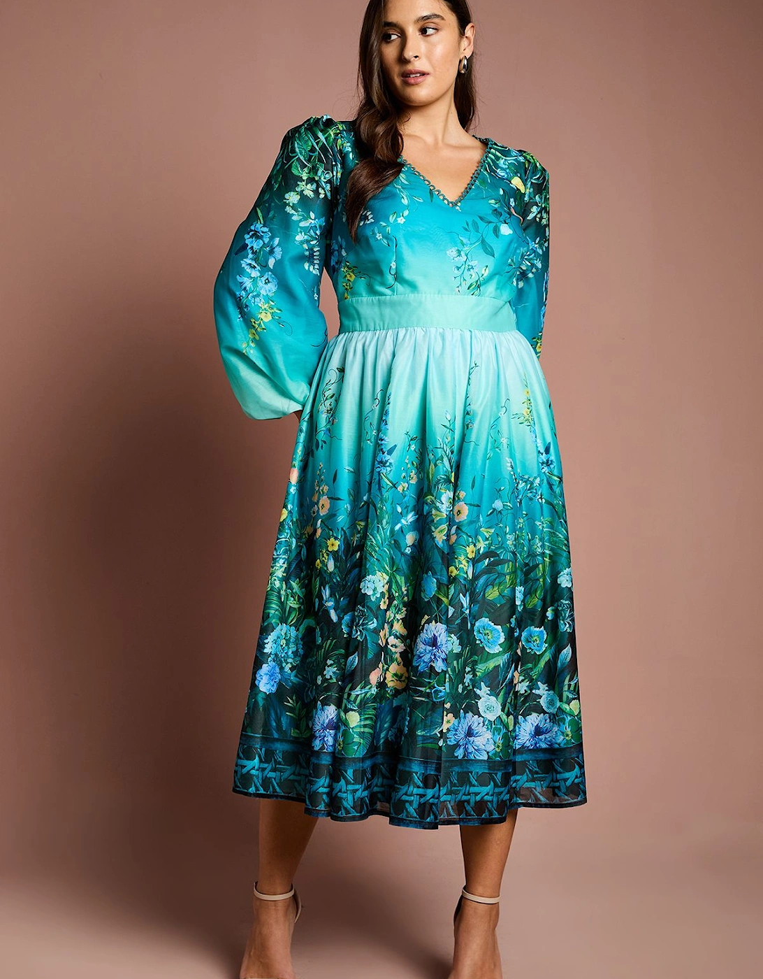 Plus V Neck Long Sleeve Placement Print Organza Midi Dress, 2 of 1