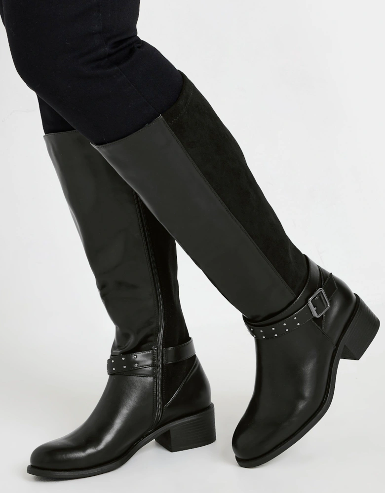 Faux Leather Buckle Detail Knee High Boots