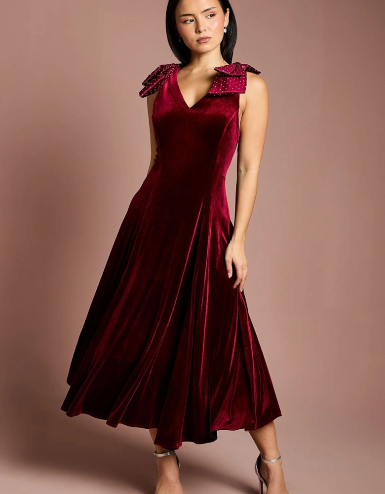 Petite Hotfix Bow Shoulder Velvet Midi Dress