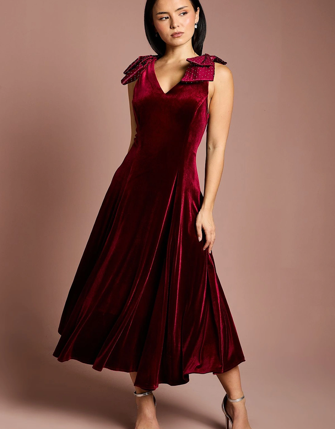 Petite Hotfix Bow Shoulder Velvet Midi Dress, 2 of 1
