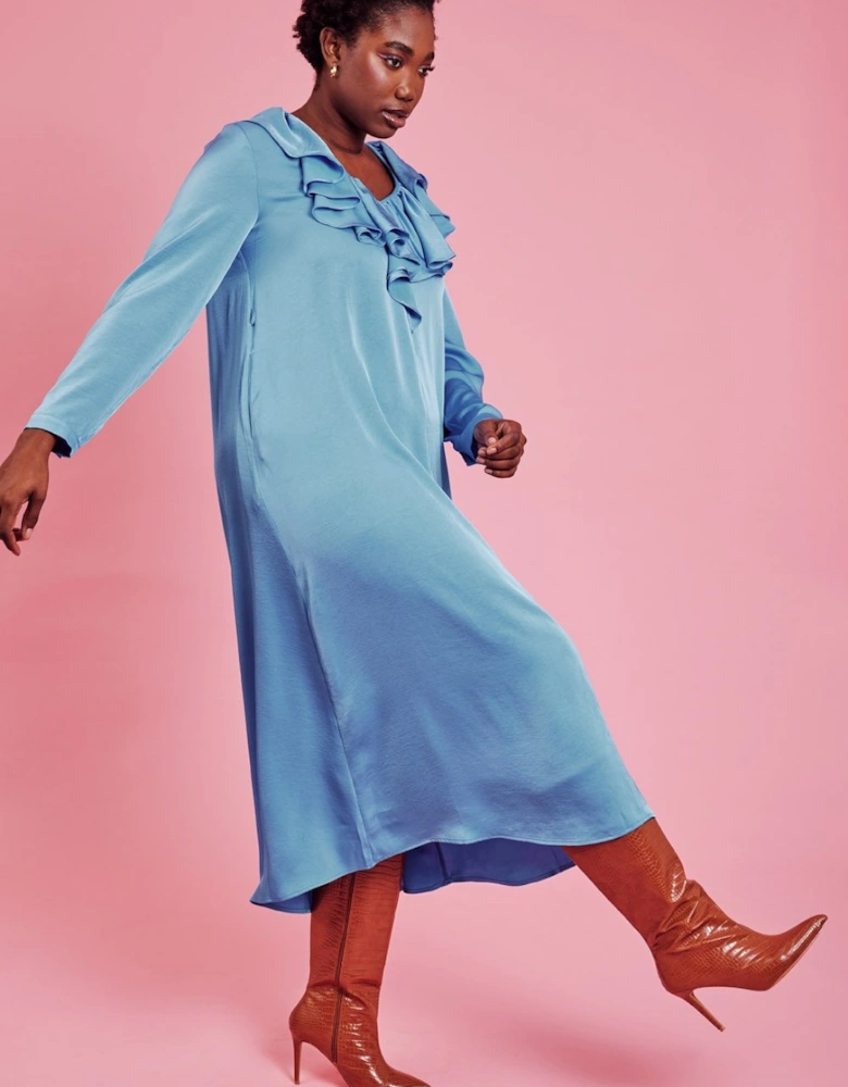 Blue Ruffle Maxi Shift Dress