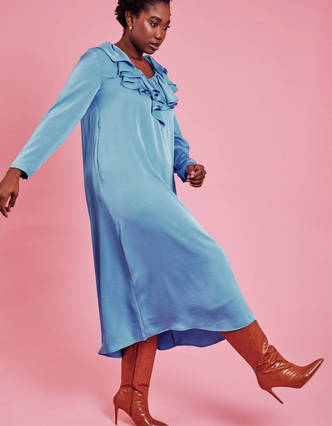 Blue Ruffle Maxi Shift Dress