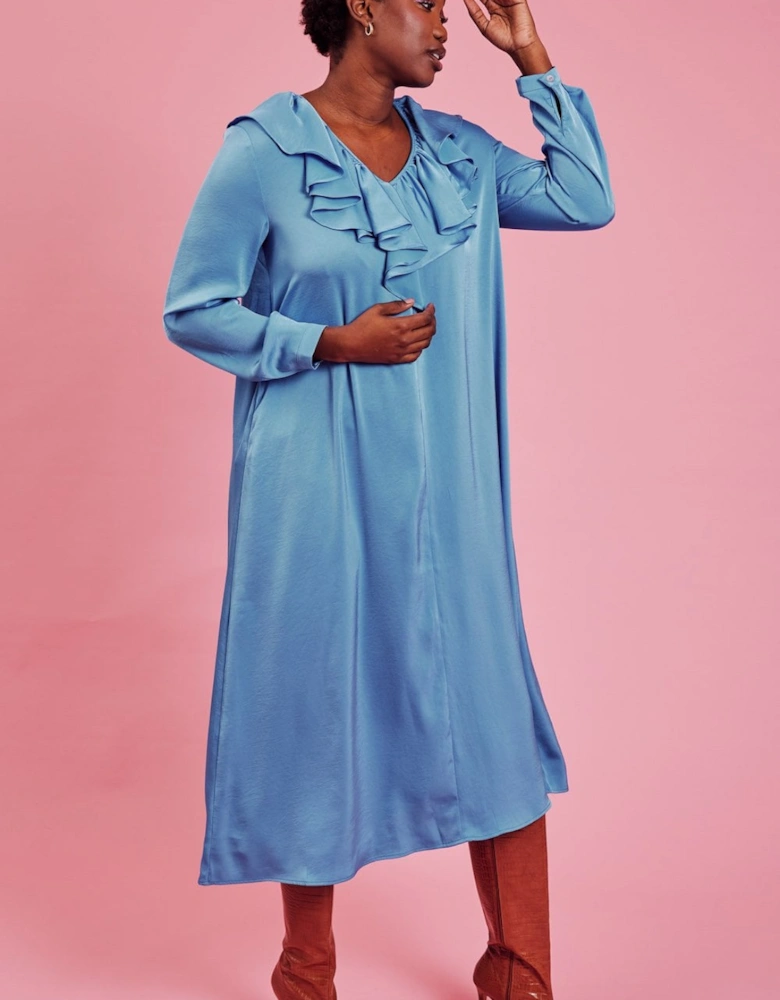 Blue Ruffle Maxi Shift Dress