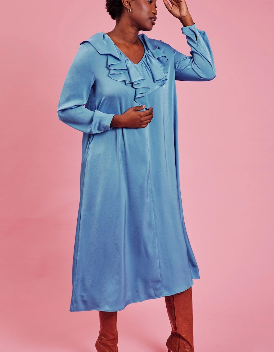 Blue Ruffle Maxi Shift Dress