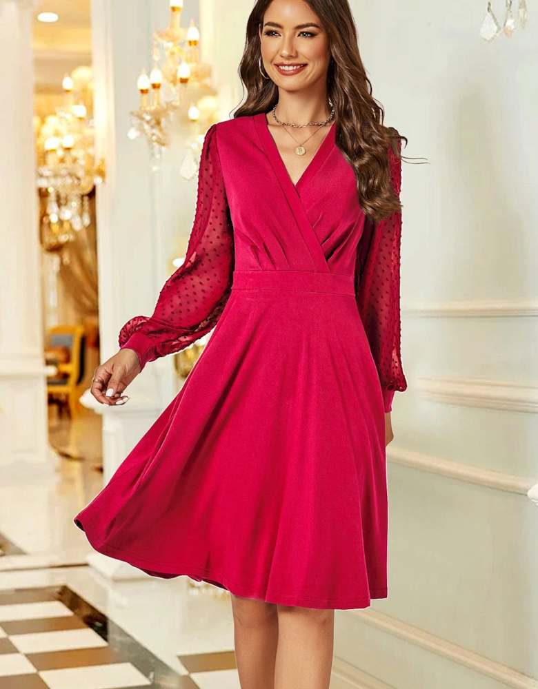 Long Chiffon Sleeve Pleated Midi Dress In Wine