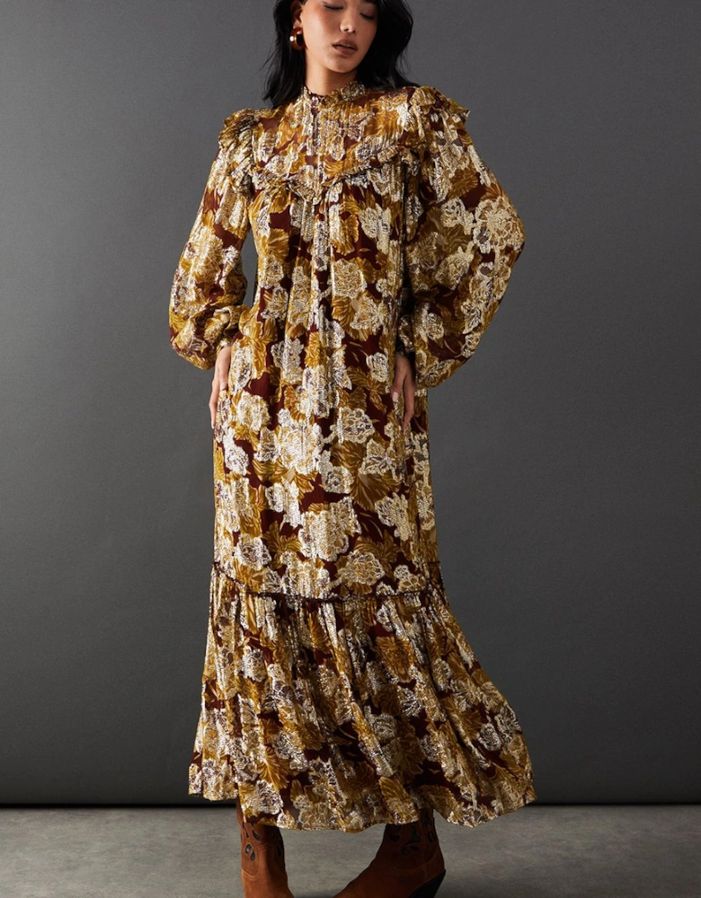 Printed Metallic Jacquard Frill Yoke Tier Hem Midi Dress
