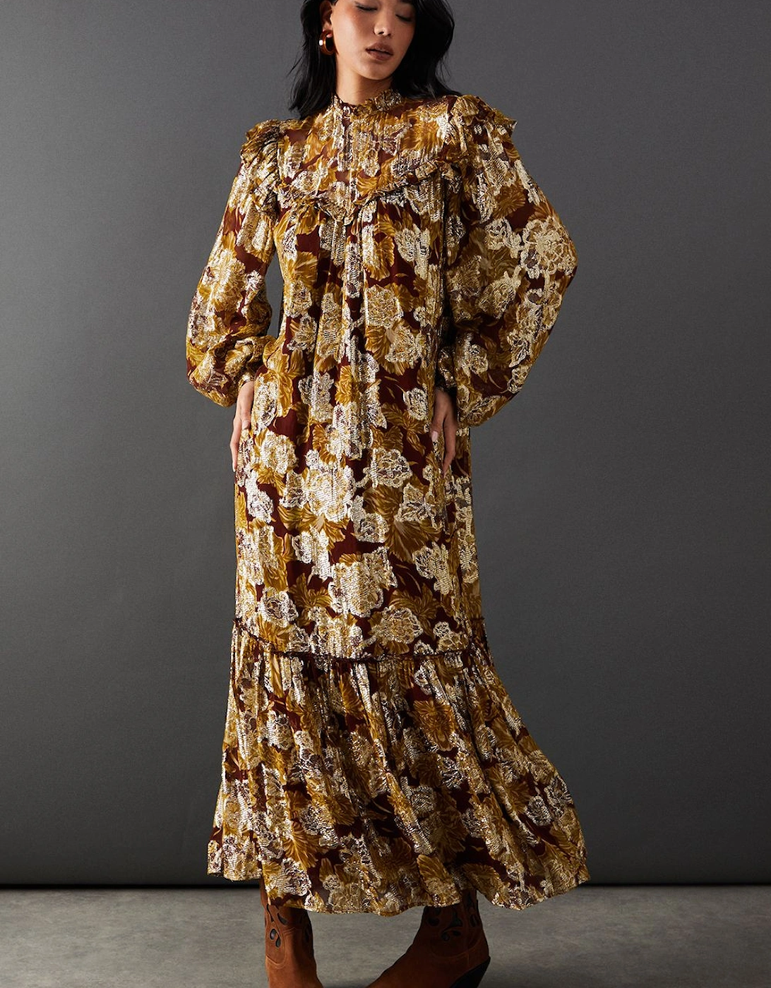 Printed Metallic Jacquard Frill Yoke Tier Hem Midi Dress, 2 of 1