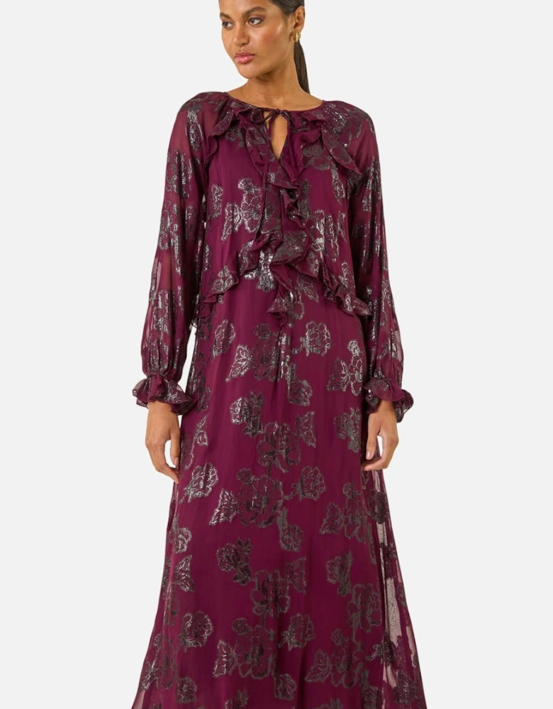 Floral Brocade Frill Midi Dress