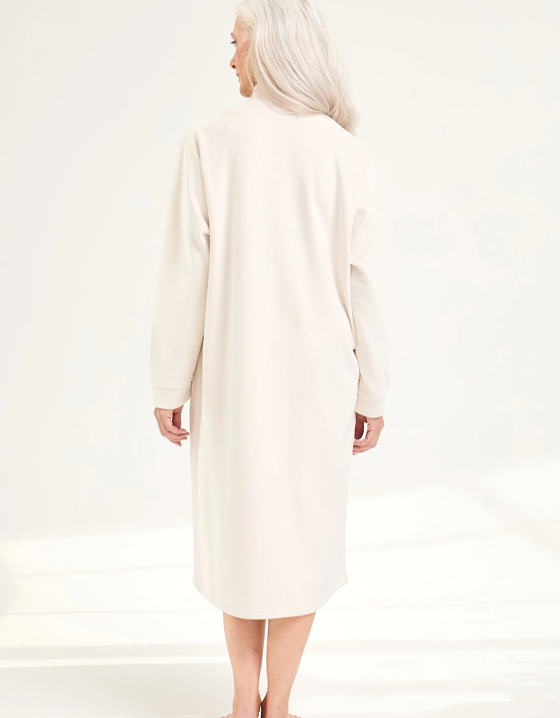 Ribbed Zip Front Housecoat in Cream