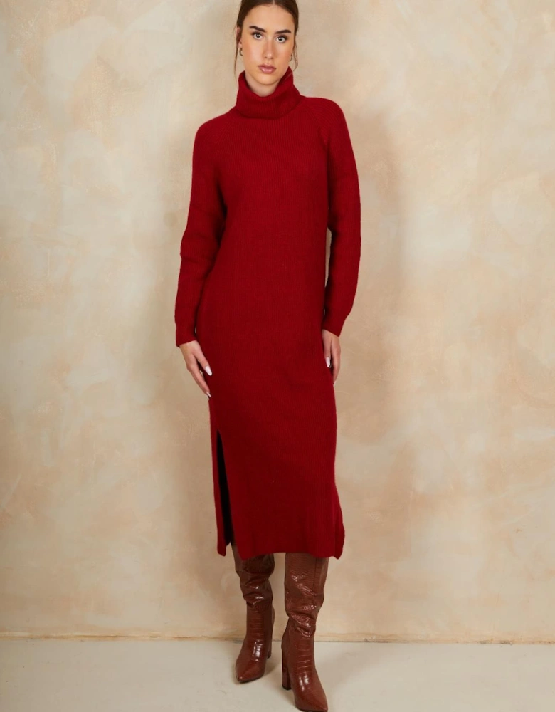 Roll Neck Oversized Jumper Dress in Red