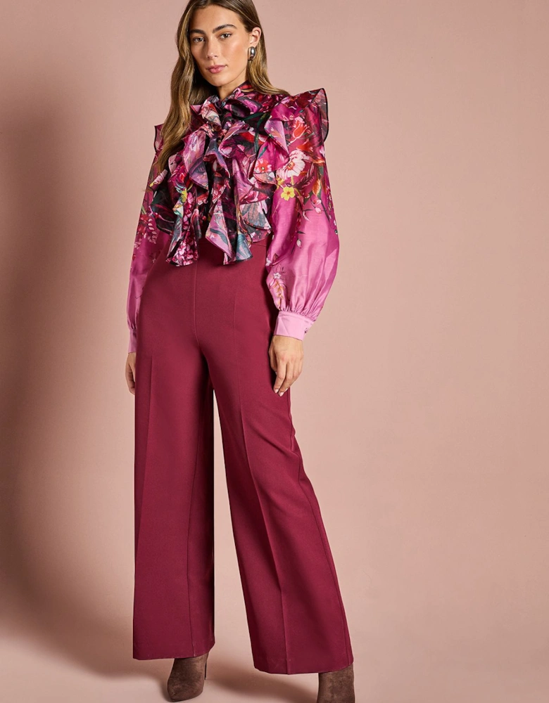 Printed Blouson Sleeve Wide Leg Jumpsuit
