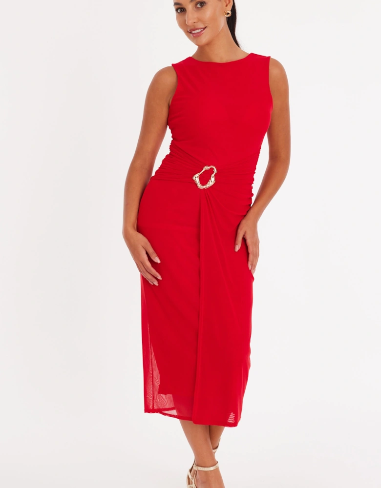 Red Petite Mesh Buckle Midaxi Dress