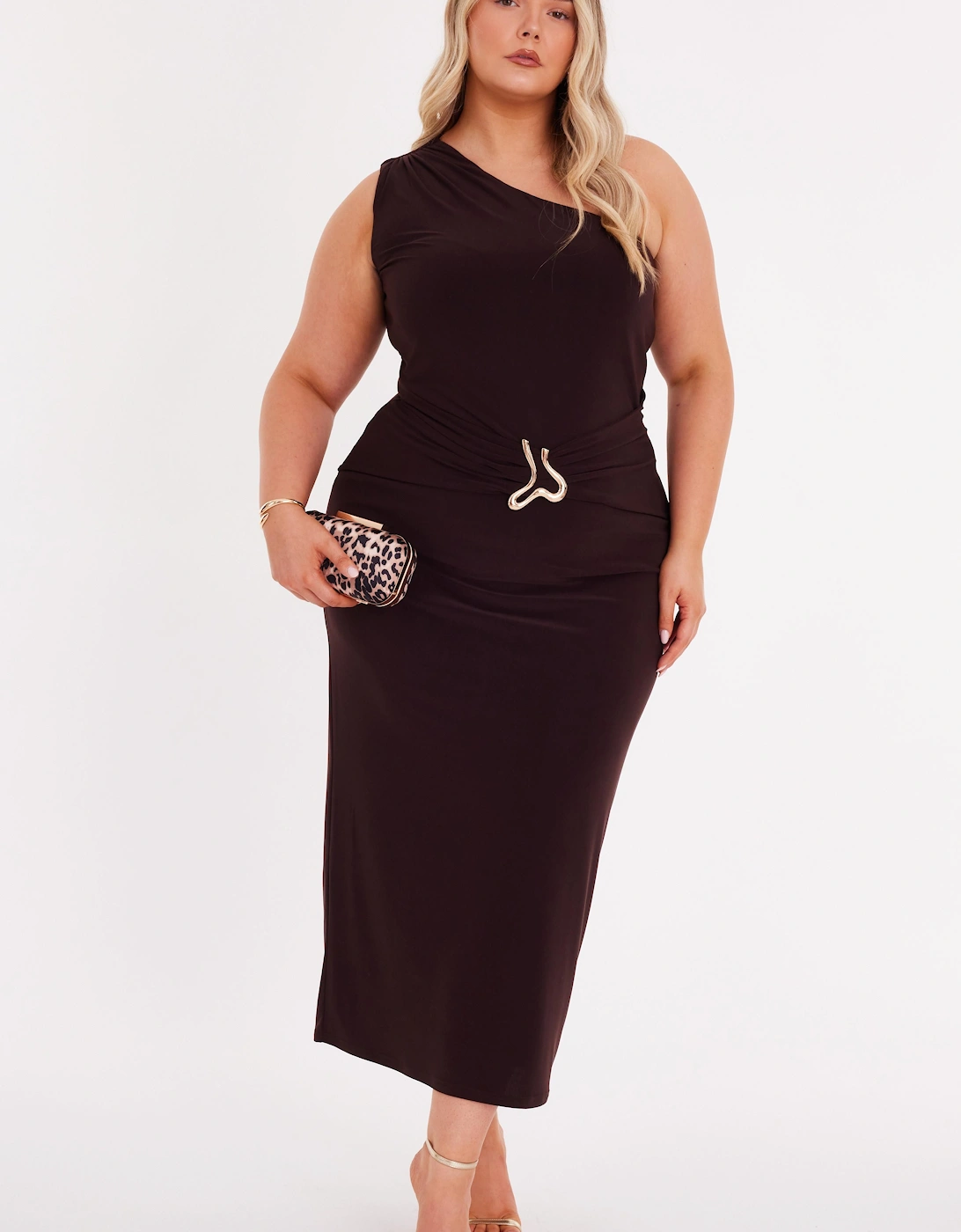 Brown Curve One Shoulder Ruched Dress, 2 of 1